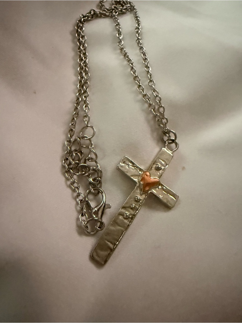 Silver Tone Sacred Heart Cross Necklace Copper Heart Religious Pendant